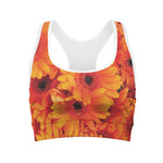 Orange Daisy Flower Print Women's Sports Bra