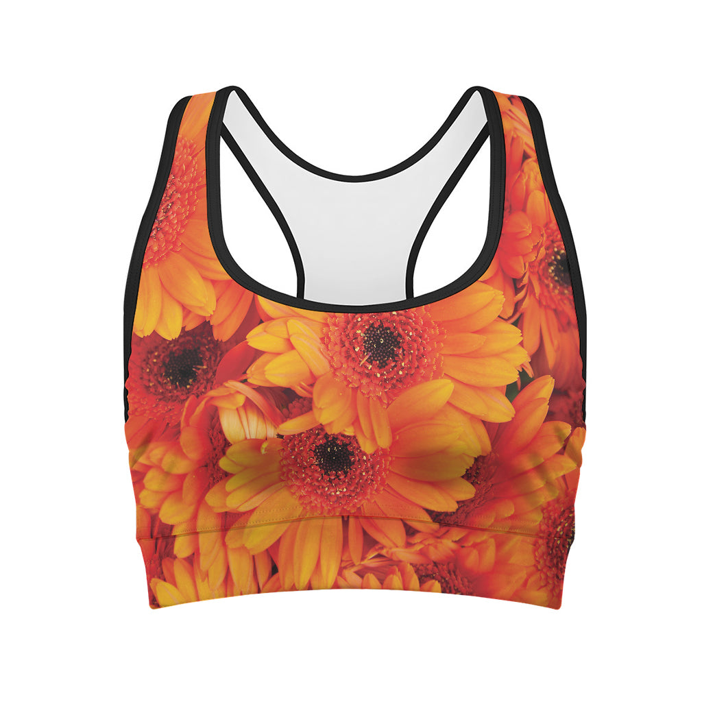 Orange Daisy Flower Print Women's Sports Bra