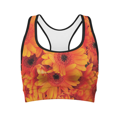 Orange Daisy Flower Print Women's Sports Bra