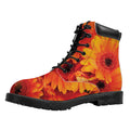 Orange Daisy Flower Print Padded Collar Lace Up Boots