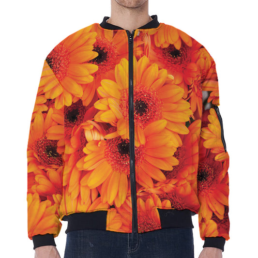 Orange Daisy Flower Print Zip Sleeve Bomber Jacket