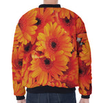 Orange Daisy Flower Print Zip Sleeve Bomber Jacket