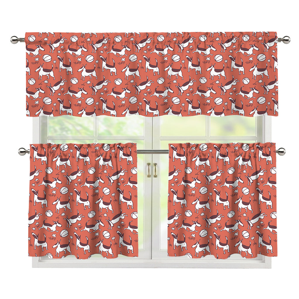 Orange Doodle Bull Terrier Pattern Print 3 Piece Kitchen Curtains