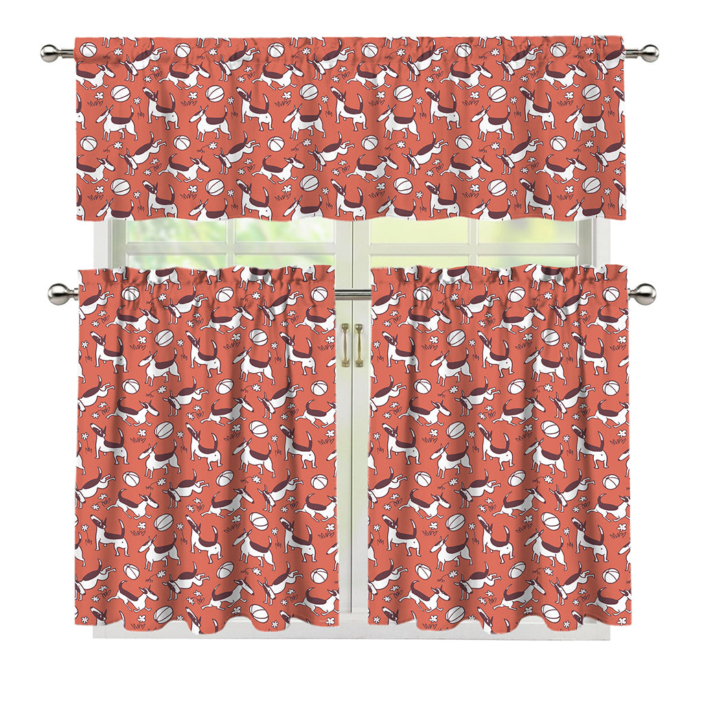 Orange Doodle Bull Terrier Pattern Print 3 Piece Kitchen Curtains