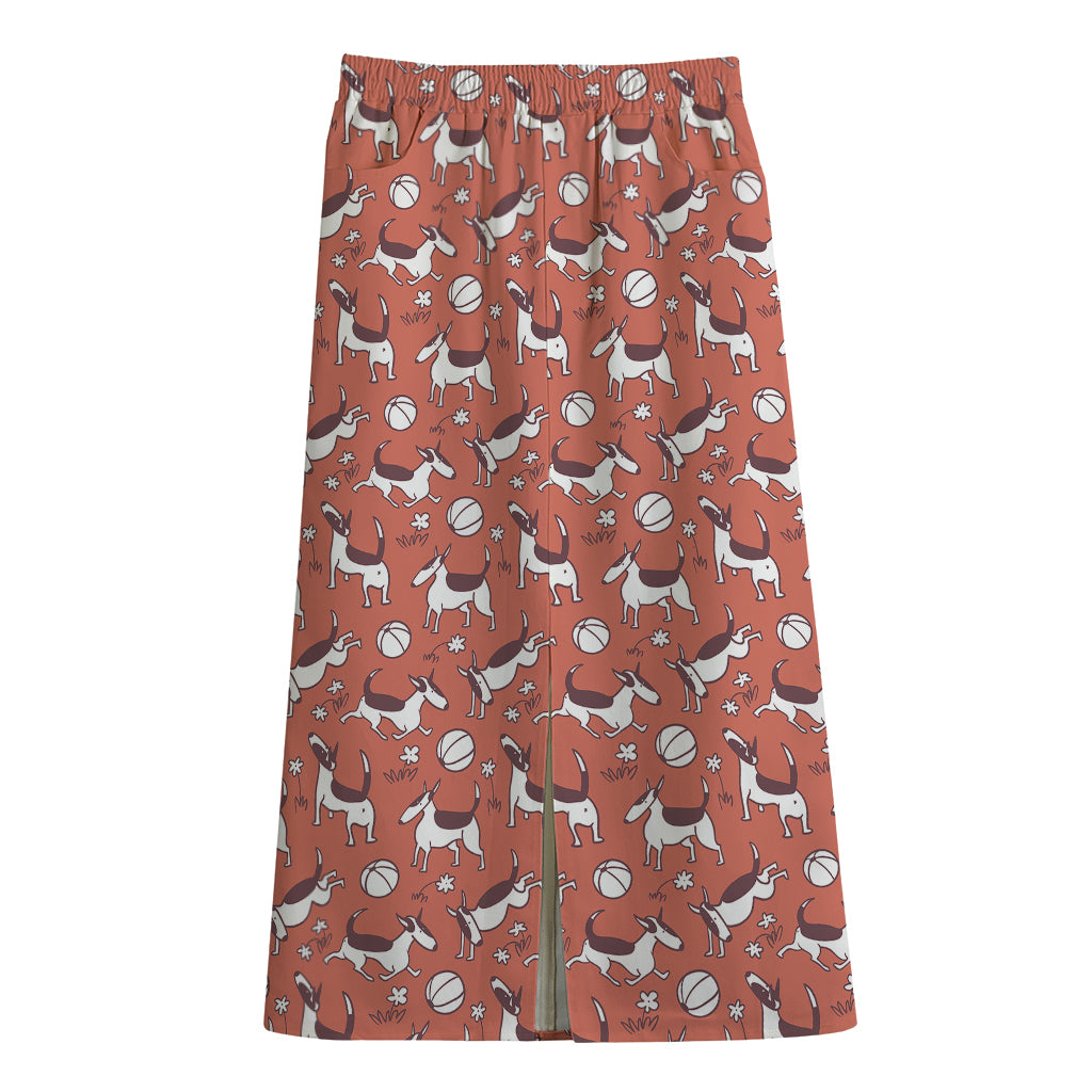 Orange Doodle Bull Terrier Pattern Print Cotton Front Slit Maxi Skirt