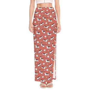 Orange Doodle Bull Terrier Pattern Print High Slit Maxi Skirt