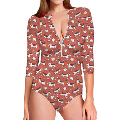 Orange Doodle Bull Terrier Pattern Print Long Sleeve Swimsuit