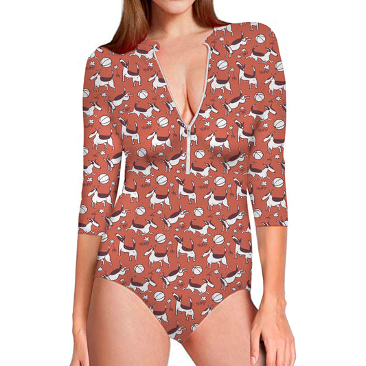 Orange Doodle Bull Terrier Pattern Print Long Sleeve Swimsuit