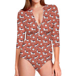 Orange Doodle Bull Terrier Pattern Print Long Sleeve Swimsuit