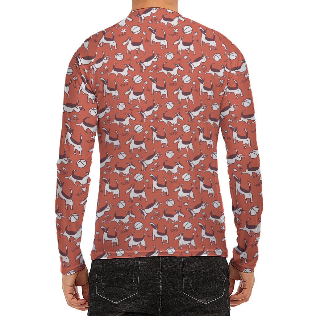 Orange Doodle Bull Terrier Pattern Print Men's Long Sleeve Rash Guard