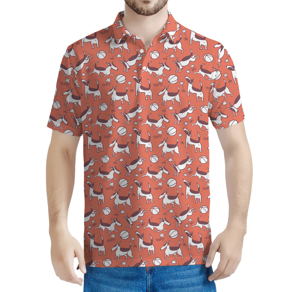 Orange Doodle Bull Terrier Pattern Print Men's Polo Shirt