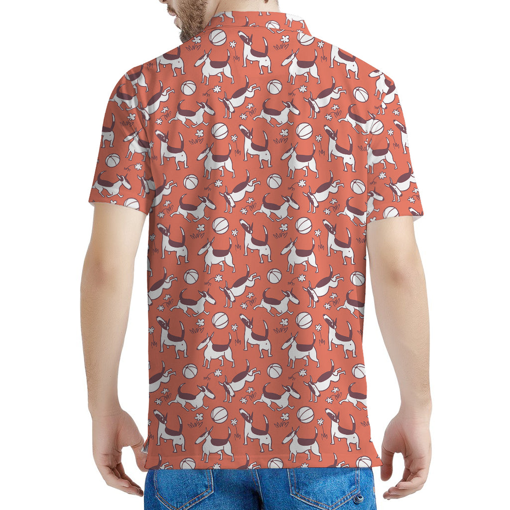 Orange Doodle Bull Terrier Pattern Print Men's Polo Shirt