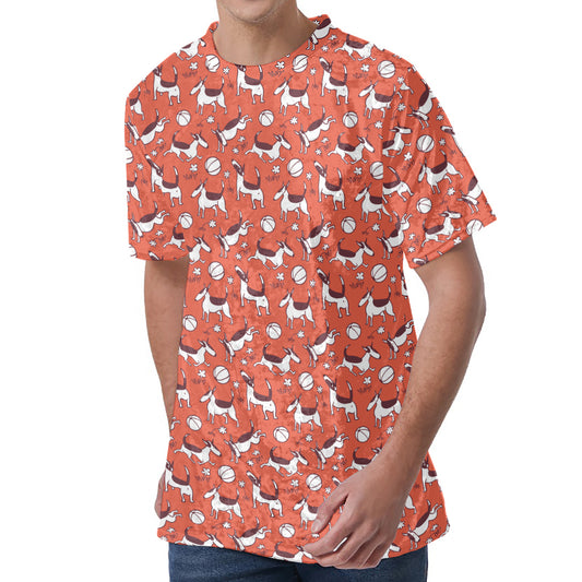 Orange Doodle Bull Terrier Pattern Print Men's Velvet T-Shirt