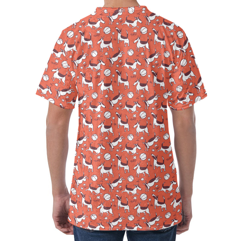 Orange Doodle Bull Terrier Pattern Print Men's Velvet T-Shirt
