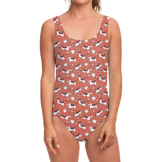 Orange Doodle Bull Terrier Pattern Print One Piece Swimsuit
