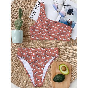 Orange Doodle Bull Terrier Pattern Print One Shoulder Bikini Top