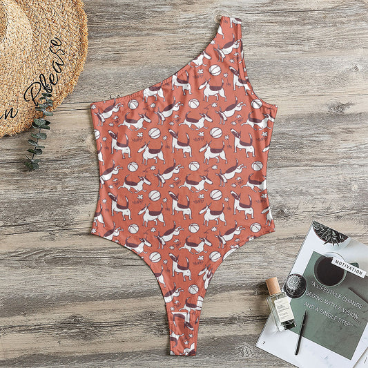 Orange Doodle Bull Terrier Pattern Print One Shoulder Bodysuit