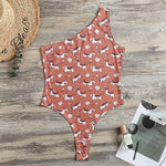 Orange Doodle Bull Terrier Pattern Print One Shoulder Bodysuit