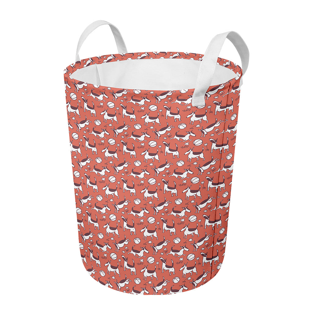 Orange Doodle Bull Terrier Pattern Print Round Laundry Basket