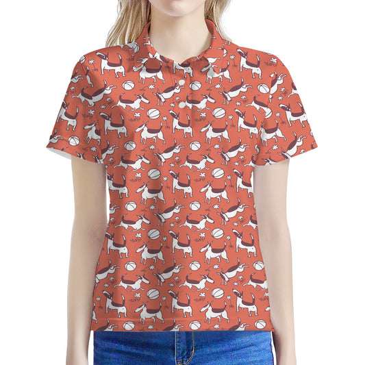Orange Doodle Bull Terrier Pattern Print Women's Polo Shirt