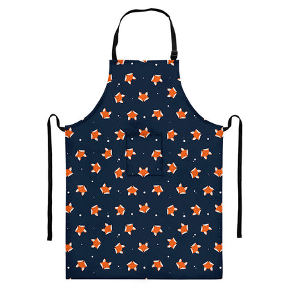 Orange Fox Pattern Print Bib Apron With Pocket