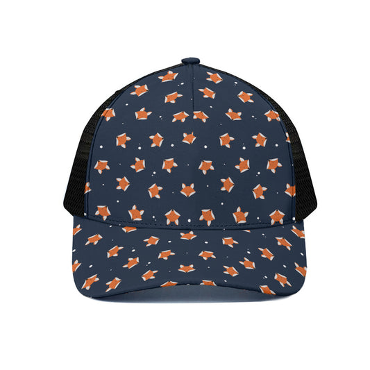 Orange Fox Pattern Print Black Mesh Trucker Cap