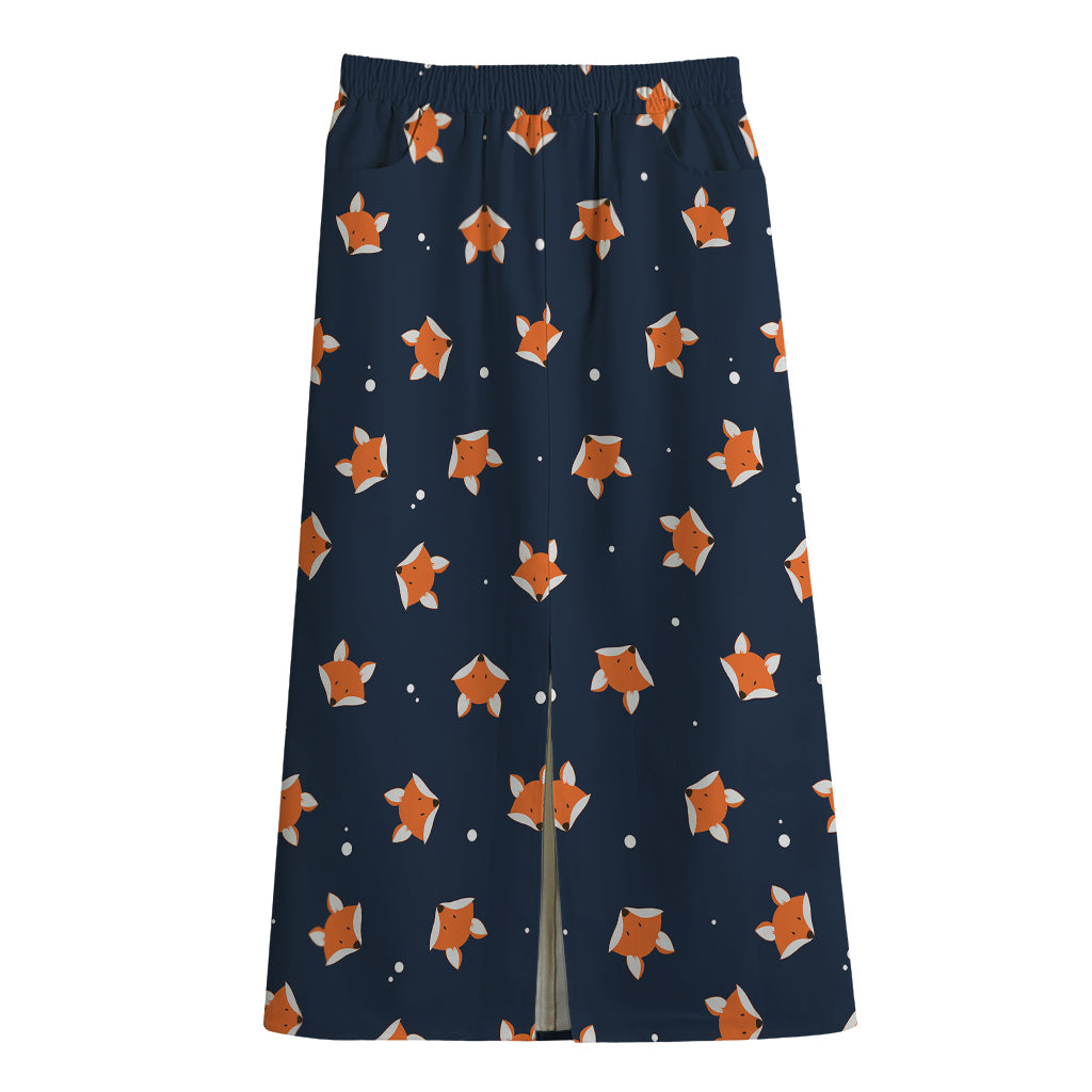 Orange Fox Pattern Print Cotton Front Slit Maxi Skirt