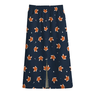 Orange Fox Pattern Print Cotton Front Slit Maxi Skirt