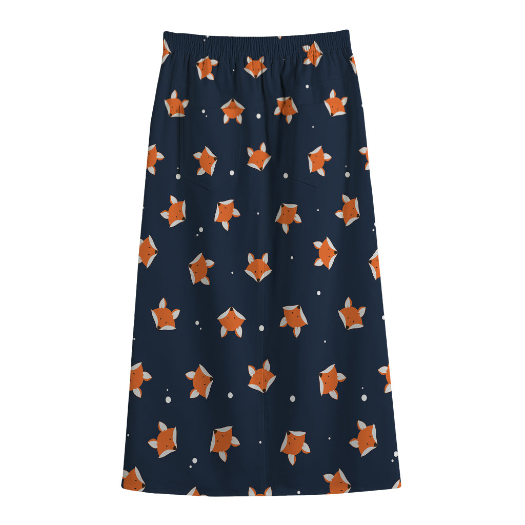 Orange Fox Pattern Print Cotton Front Slit Maxi Skirt