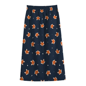 Orange Fox Pattern Print Cotton Front Slit Maxi Skirt