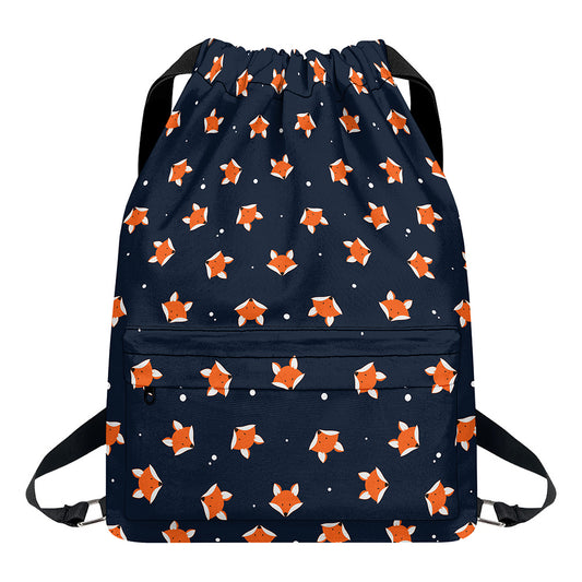 Orange Fox Pattern Print Drawstring Backpack