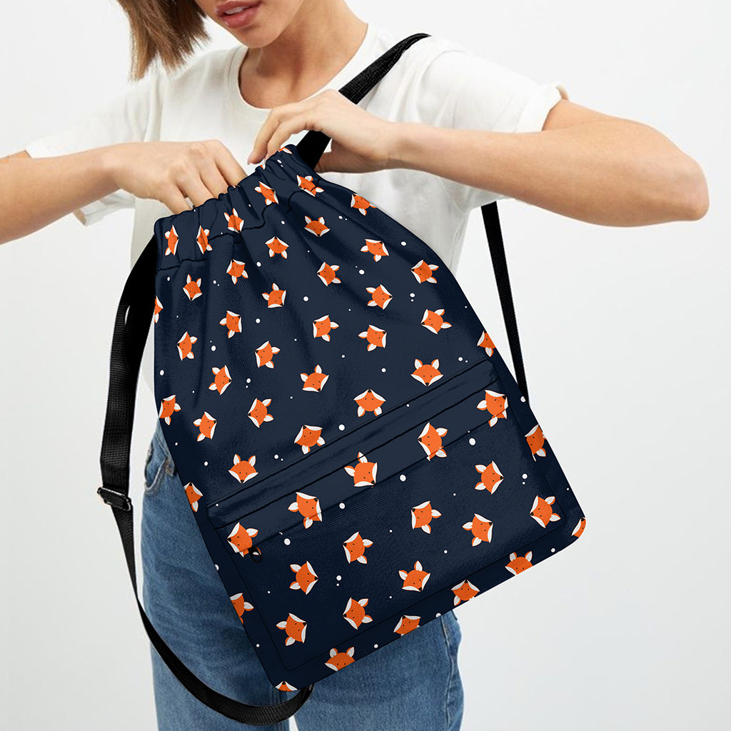 Orange Fox Pattern Print Drawstring Backpack