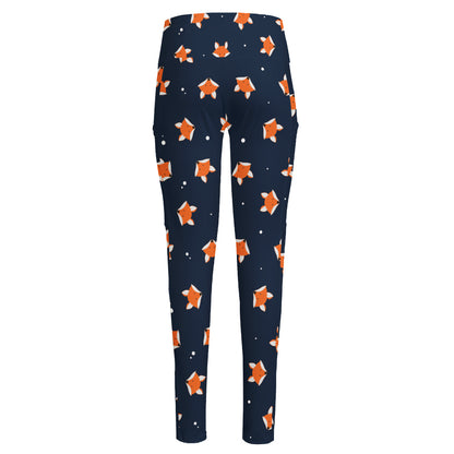 Orange Fox Pattern Print High-Waisted Pocket Leggings