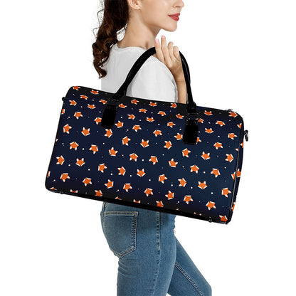 Orange Fox Pattern Print Leather Duffle Bag