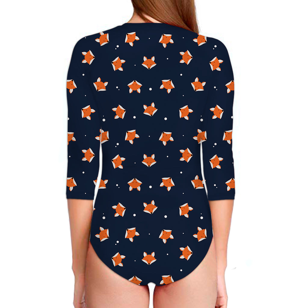 Orange Fox Pattern Print Long Sleeve Swimsuit