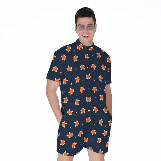 Orange Fox Pattern Print Men's Rompers