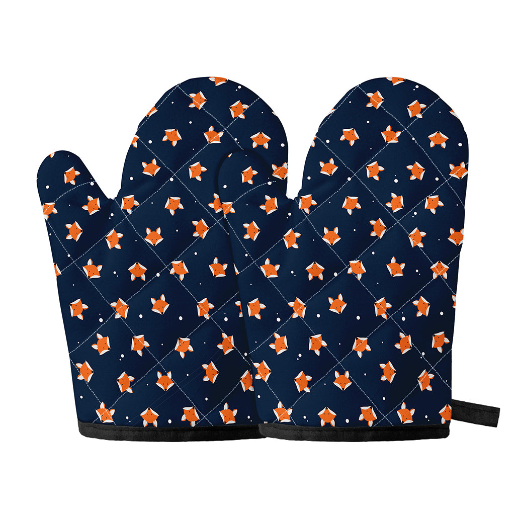 Orange Fox Pattern Print Oven Mitts