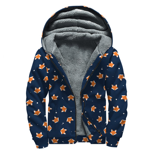 Orange Fox Pattern Print Sherpa Lined Zip Up Hoodie