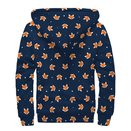 Orange Fox Pattern Print Sherpa Lined Zip Up Hoodie