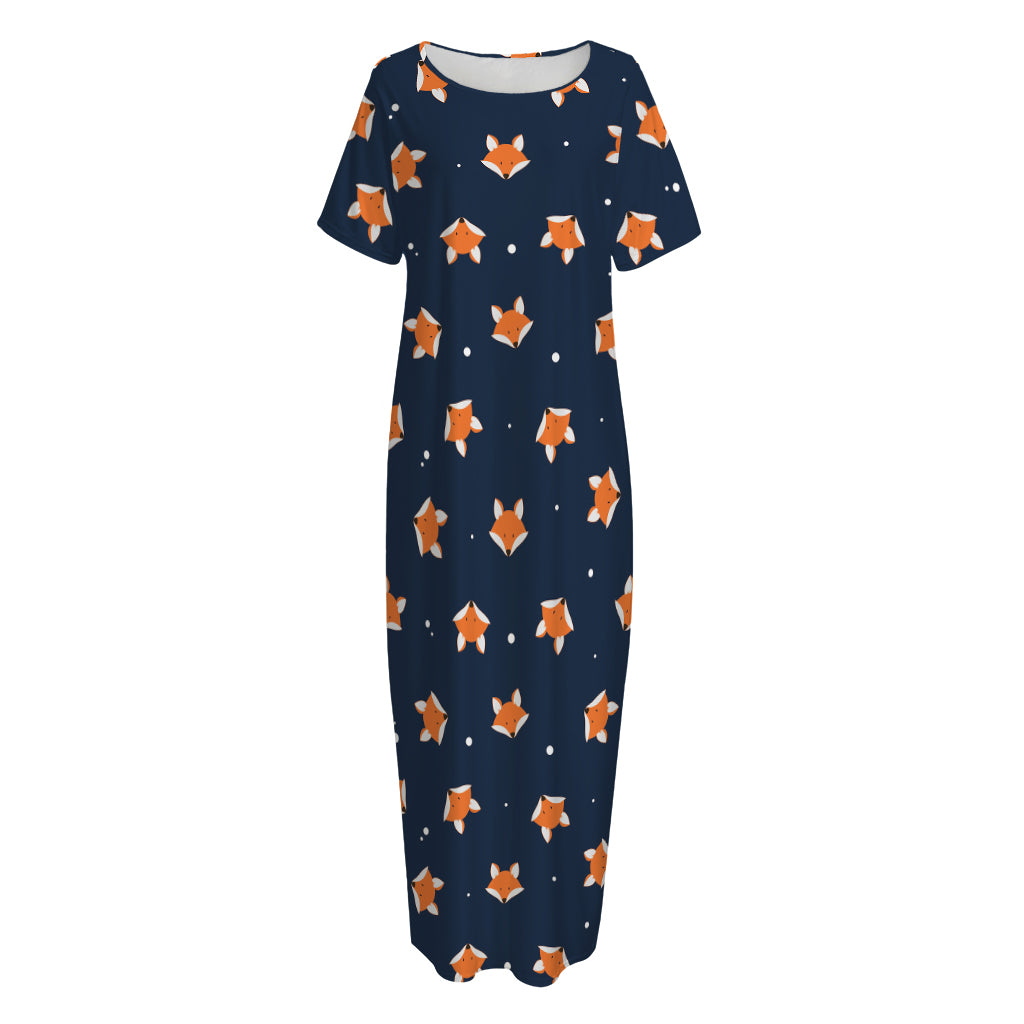 Orange Fox Pattern Print Short Sleeve Long Nightdress