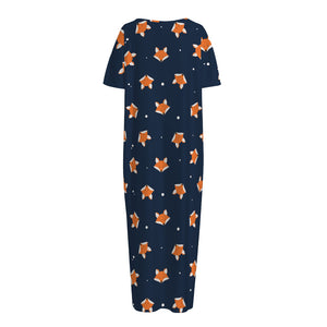 Orange Fox Pattern Print Short Sleeve Long Nightdress