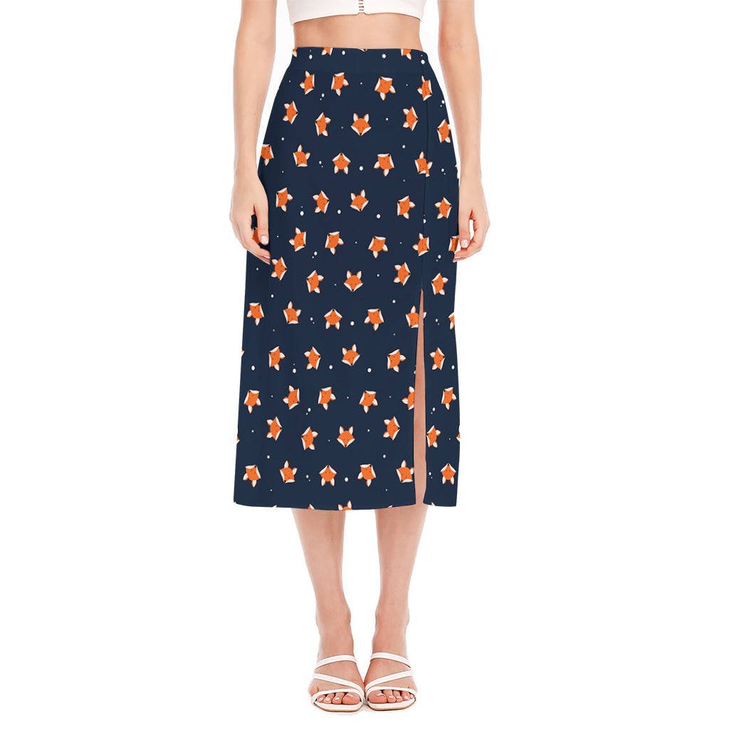 Orange Fox Pattern Print Side Slit Midi Skirt