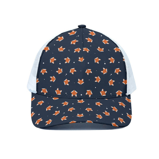 Orange Fox Pattern Print White Mesh Trucker Cap