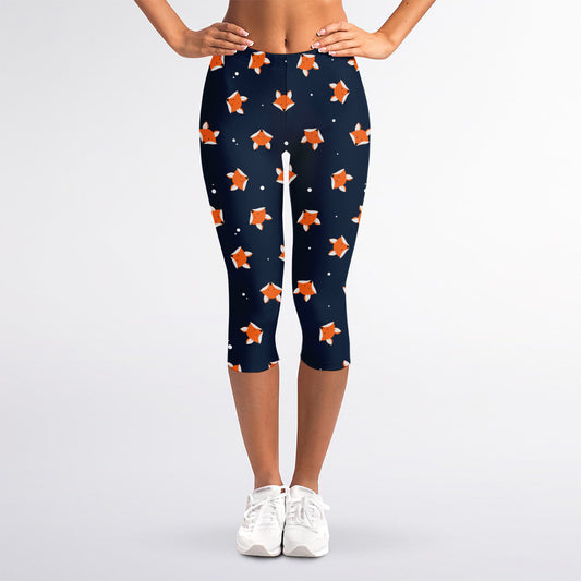 Orange Fox Pattern Print Women's Capri Leggings