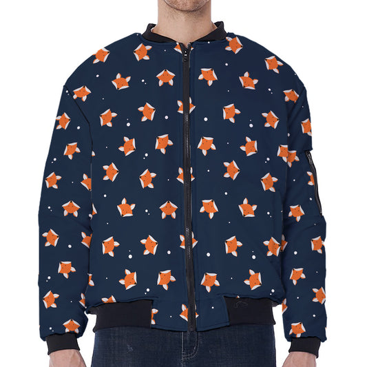 Orange Fox Pattern Print Zip Sleeve Bomber Jacket
