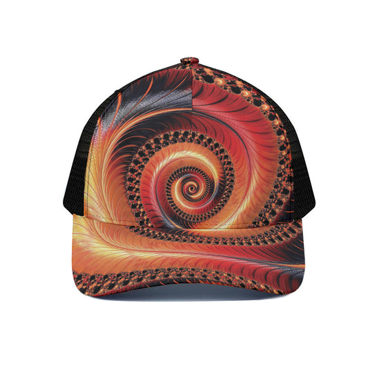 Orange Fractal Print Black Mesh Trucker Cap
