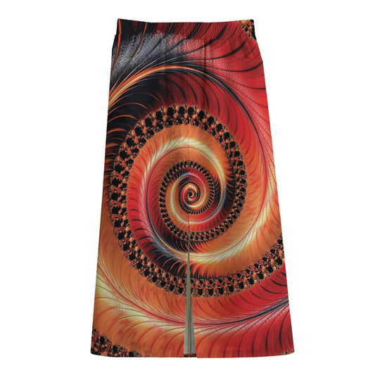 Orange Fractal Print Cotton Front Slit Maxi Skirt