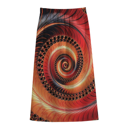 Orange Fractal Print Cotton Front Slit Maxi Skirt