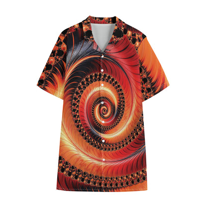 Orange Fractal Print Cotton Hawaiian Shirt