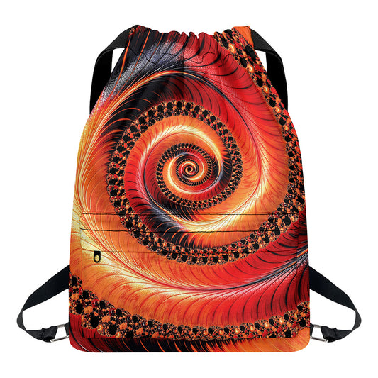 Orange Fractal Print Drawstring Backpack